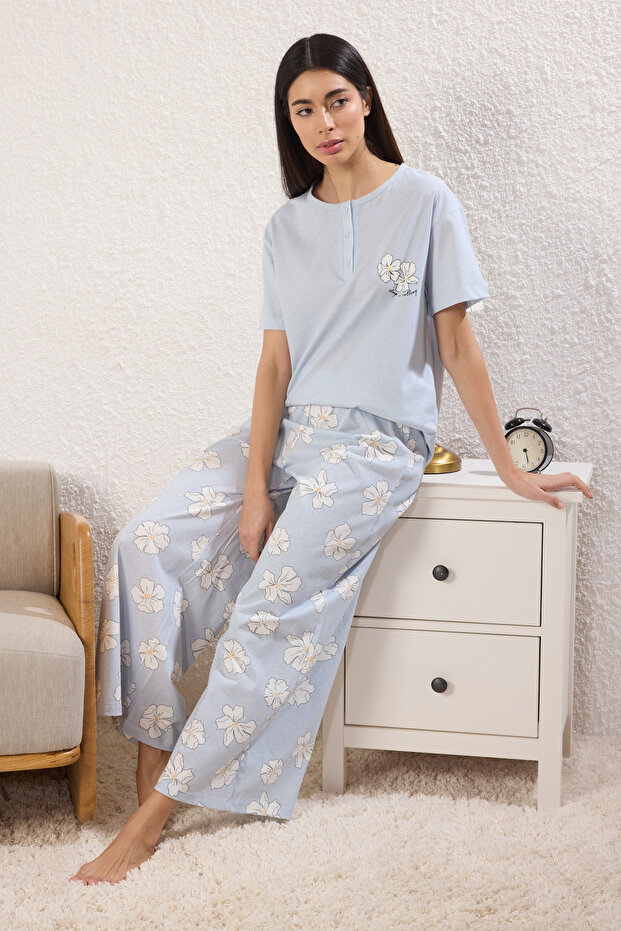 Mavi %100 Pamuklu Çiçekli Düğmeli Örme Pijama Takımı THMSS25PT00179 - 1