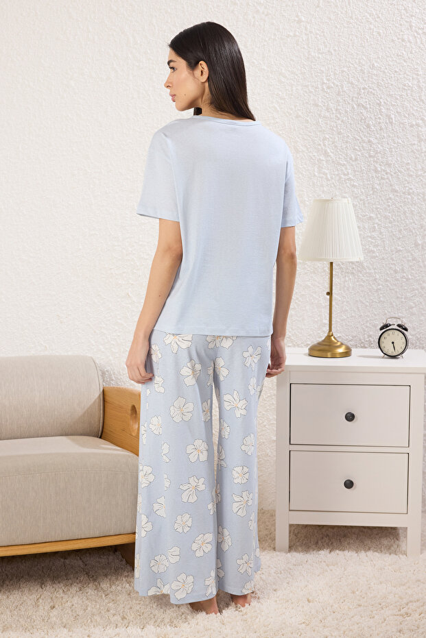 Mavi %100 Pamuklu Çiçekli Düğmeli Örme Pijama Takımı THMSS25PT00179 - 4