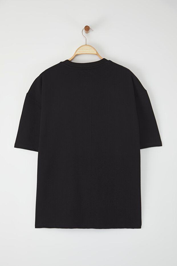 Siyah Oversize/Geniş Kesim Pamuklu Kalın Basic T-Shirt TEDSS25TS00005 - 4