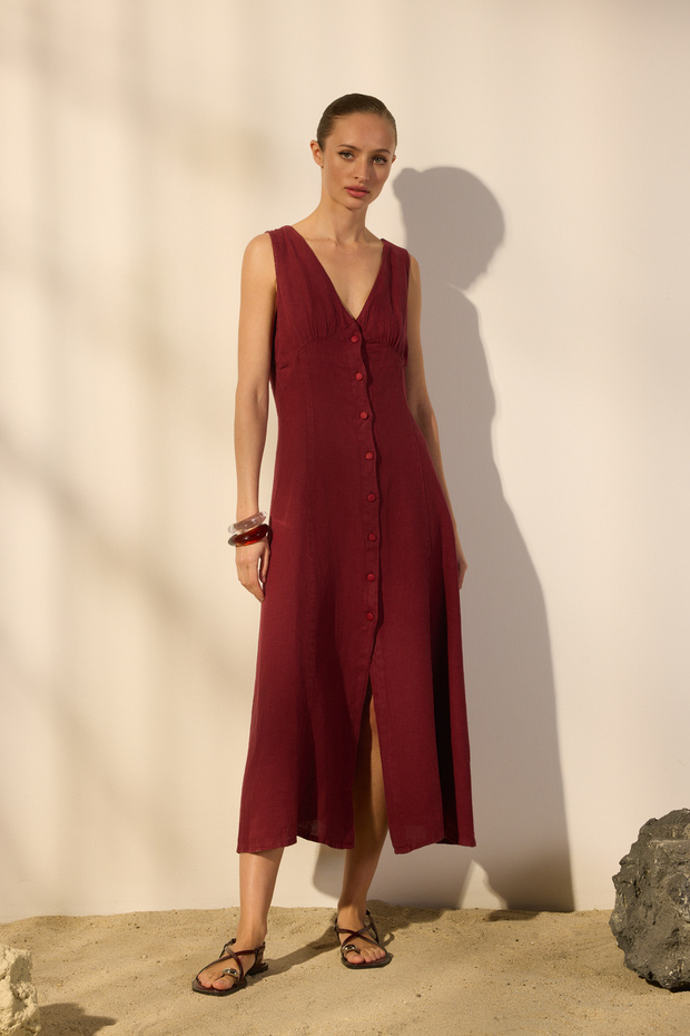 Bordo %100 Keten Midi Düğme Detaylı V Yaka Elbise TWOSS25EL00635 - 1
