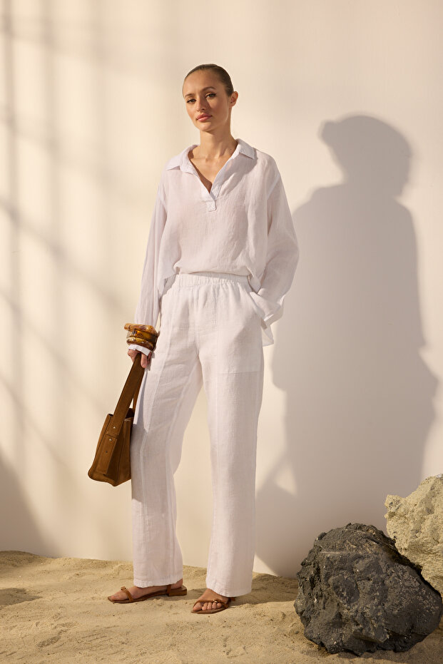 Beyaz %100 Keten Cep Detaylı Yüksek Bel Wide Leg Pantolon TWOSS24JE00247 - 1