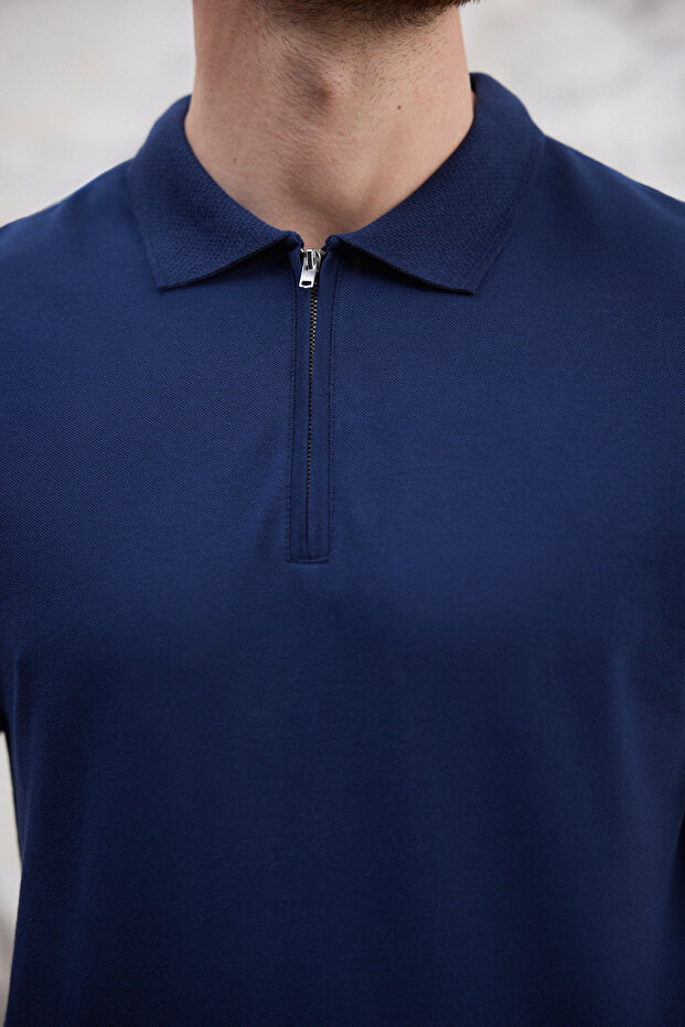 Lacivert Regular/Normal Kesim Fermuarlı %100 Pamuk Polo Yaka T-shirt TMNSS25PO00041 - 3