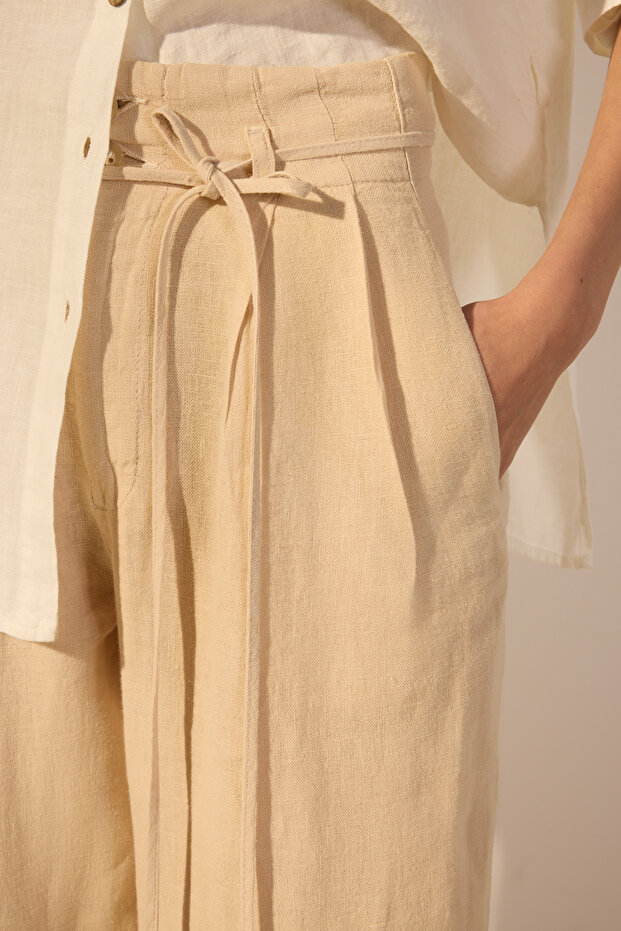 Bej %100 Keten Beli Bağlama Detaylı Yüksek Bel Wide Leg Pantolon TWOSS25JE00243 - 3