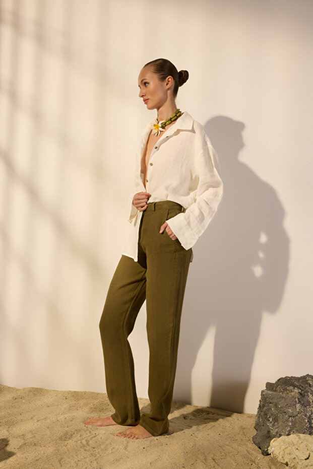 Haki %100 Keten Yüksek Bel Wide Leg Pantolon TWOSS24JE00246 - 1