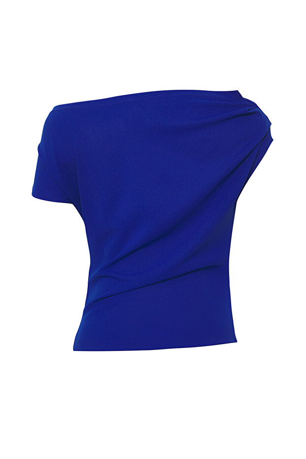 Saks Büzgü/Drape Detaylı Dökümlü Asimetrik Yaka Örme Bluz TWOSS25BZ00024 - 7