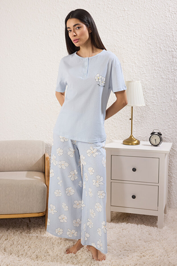 Mavi %100 Pamuklu Çiçekli Düğmeli Örme Pijama Takımı THMSS25PT00179 - 2