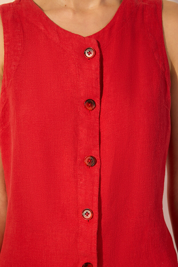 Kırmızı %100 Keten Fitted Yelek TWOSS24YE00052 - 3