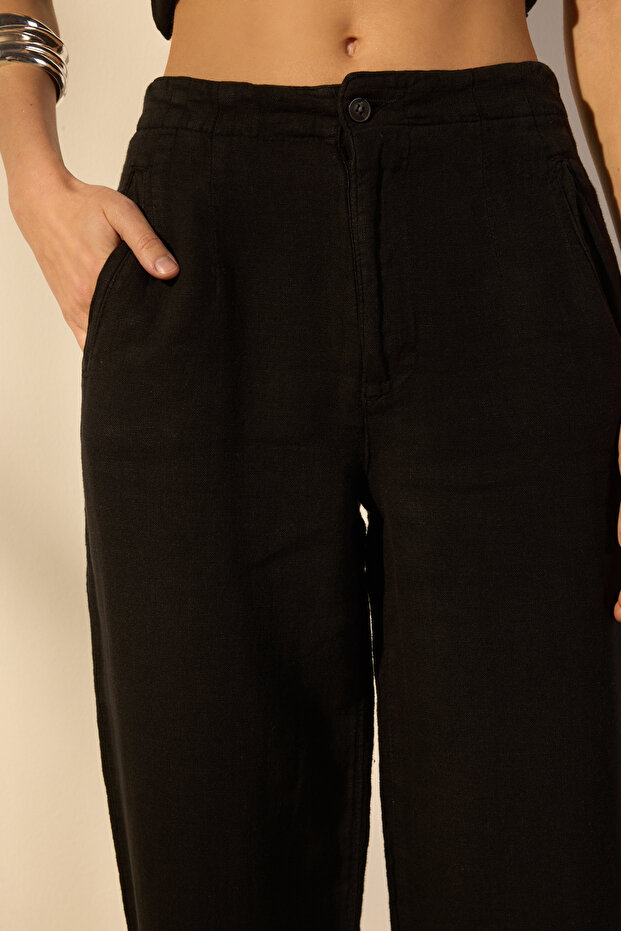 Siyah %100 Keten Yüksek Bel Cep Detaylı Straight Pantolon TWOSS25JE00245 - 3