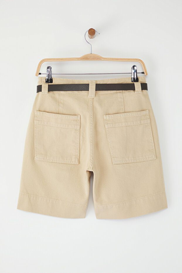 Bej Kemerli Dikiş Detaylı Yüksek Bel Denim Bermuda TWOSS25SR00196 - 6