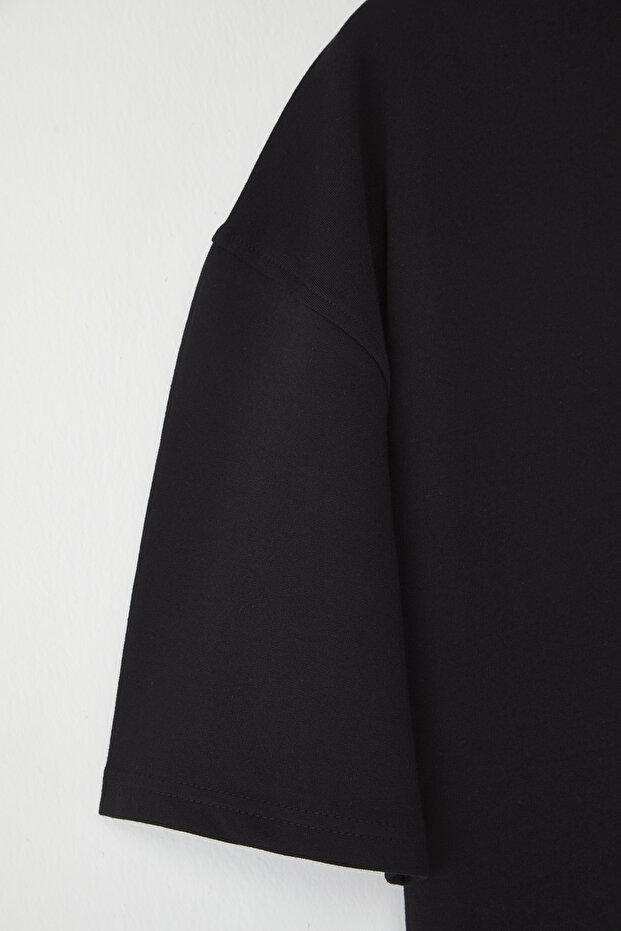Siyah Oversize/Geniş Kesim Pamuklu Kalın Basic T-Shirt TEDSS25TS00005 - 3