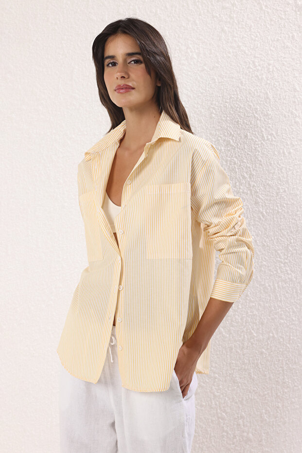 Sarı Çizgili Oversize Geniş Kalıp Dokuma Gömlek TWOAW23GO00359 - 2