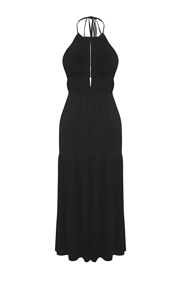 Siyah Örme Cut Out Detaylı Maxi Plaj Elbise TBESS25EL00123 - 5
