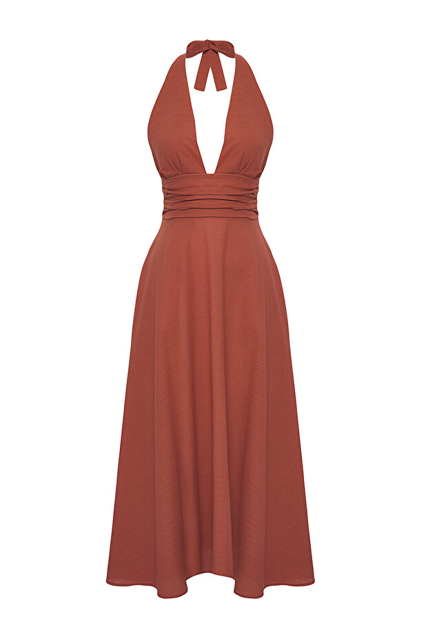 Kahverengi Dokuma %100 Pamuk Maxi Plaj Elbise TBESS25EL00129 - 5