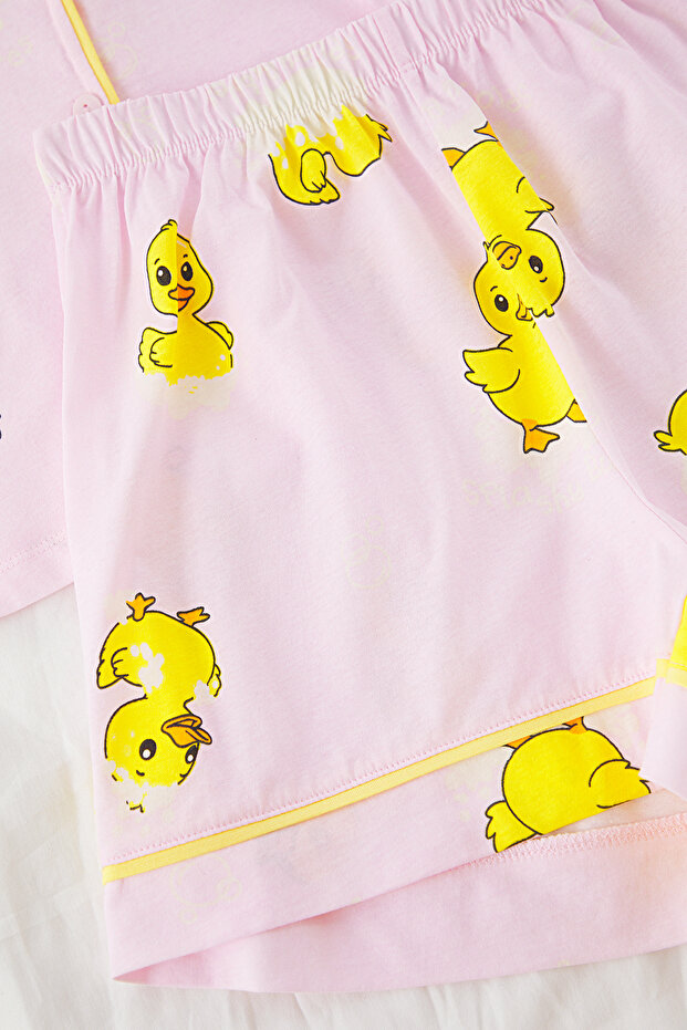 Pembe %100 Pamuklu Ördek Desenli Biyeli Şortlu Örme Pijama Takımı THMSS25PT00300 - 6