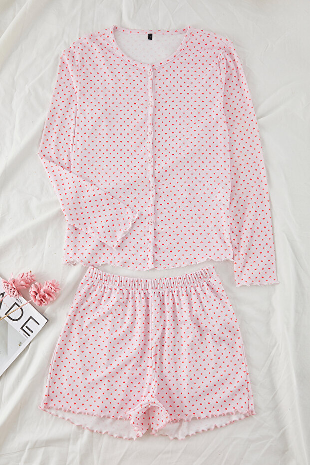 Pembe 3'lü Kalpli ve Puantiyeli Fitilli Şortlu Örme Pijama Takımı THMSS25PT00003 - 6