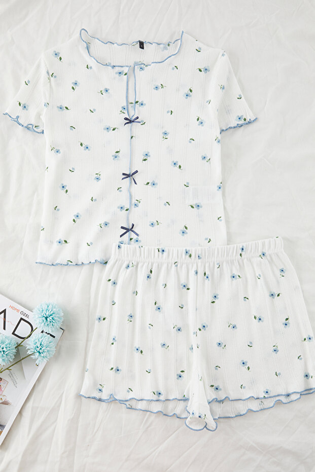 Beyaz %100 Pamuklu Çiçekli Kurdele/Fiyonklu Fitilli Şortlu Örme Pijama Takımı THMSS25PT00434 - 5
