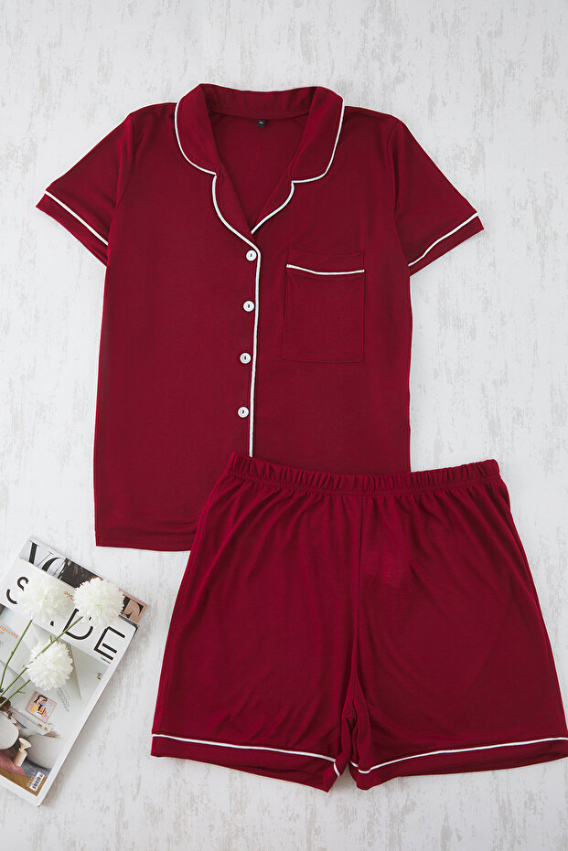 Bordo Gömlek Yaka Biyeli Viskon Şortlu Örme Pijama Takımı TBBSS25AI00095 - 6