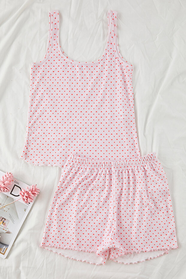Pembe 3'lü Kalpli ve Puantiyeli Fitilli Şortlu Örme Pijama Takımı THMSS25PT00003 - 7