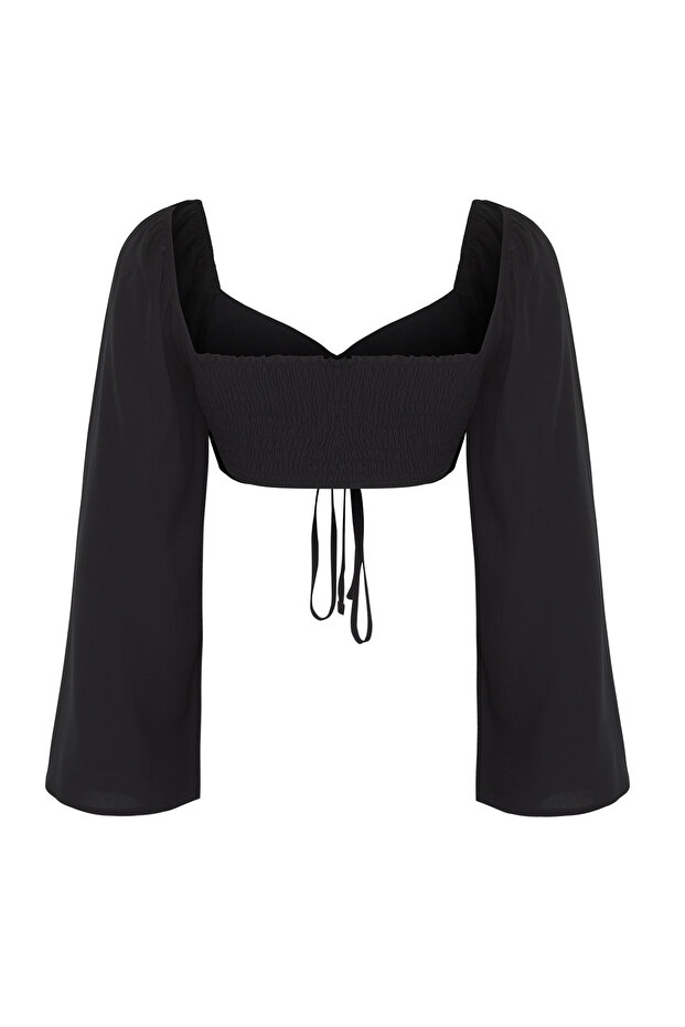 Siyah Dokuma Büzgülü Plaj Crop Bluz TBESS25BZ00015 - 6