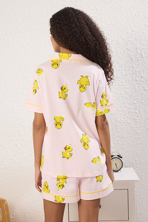 Pembe %100 Pamuklu Ördek Desenli Biyeli Şortlu Örme Pijama Takımı THMSS25PT00300 - 4