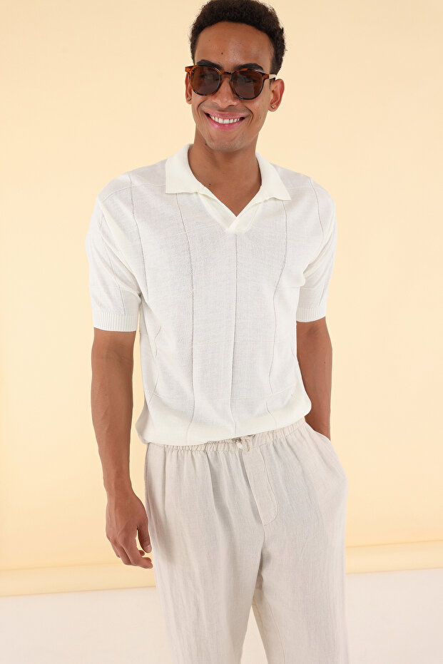 Ekru Regular Unisex Dokulu Triko Polo Yaka T-shirt TMNSS25PO00024 - 4