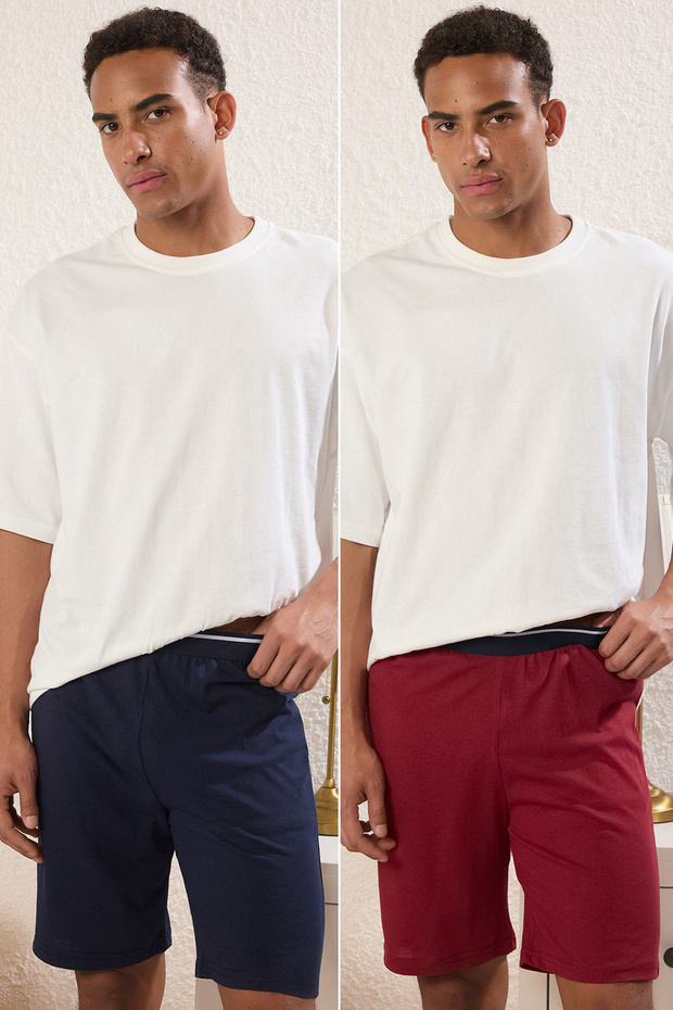 Lacivert- Bordo Regular Fit 2'li Örme Şort TMNSS25SR00045 - 1