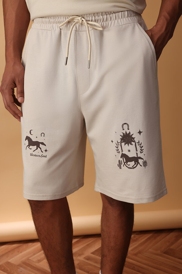 Ekru Oversize/Geniş Kesim Baskılı Şort & Bermuda TMNSS25SR00051 - 3