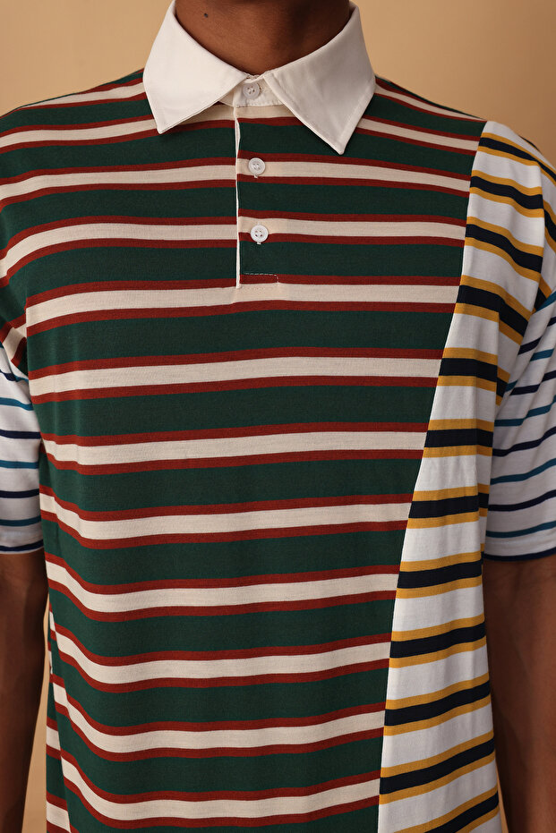 Çok Renki Oversize/Geniş Kesim Çizgili Polo Yaka T-shirt TMNSS25PO00038 - 3