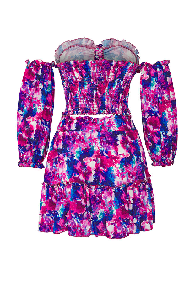 Çiçek Desenli Dokuma Büzgülü Plaj Bluz-Etek Takım TBESS21AU0539 - 6