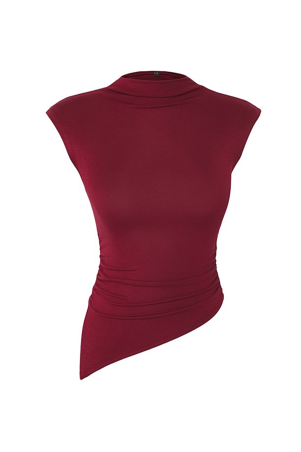 Bordo Dik Yaka Büzgü/Drape Detaylı Fitted/Vücuda Oturan Asimetrik Örme Bluz TWOSS24BZ00534 - 7