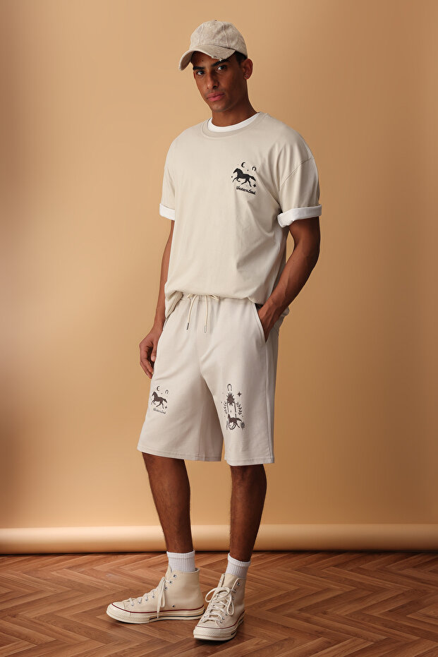 Ekru Oversize/Geniş Kesim Baskılı Şort & Bermuda TMNSS25SR00051 - 2