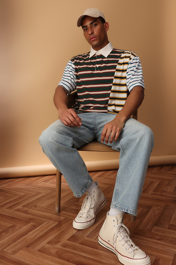 Çok Renki Oversize/Geniş Kesim Çizgili Polo Yaka T-shirt TMNSS25PO00038 - 1