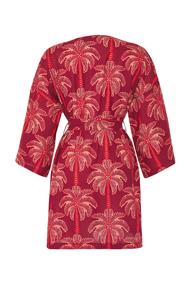 Tropikal Desenli Dokuma %100 Pamuk Plaj Mini Kuşaklı Kimono&Kaftan TBESS25KM00029 - 6
