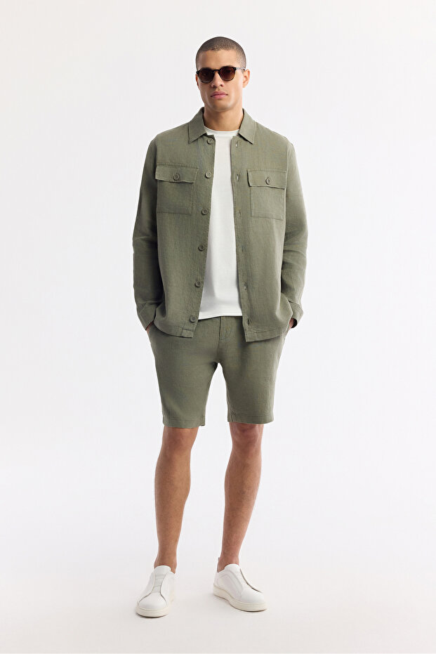 Erkek Haki Beli Lastikli %100 Keten Relaxed Fit Şort B003732 - 6