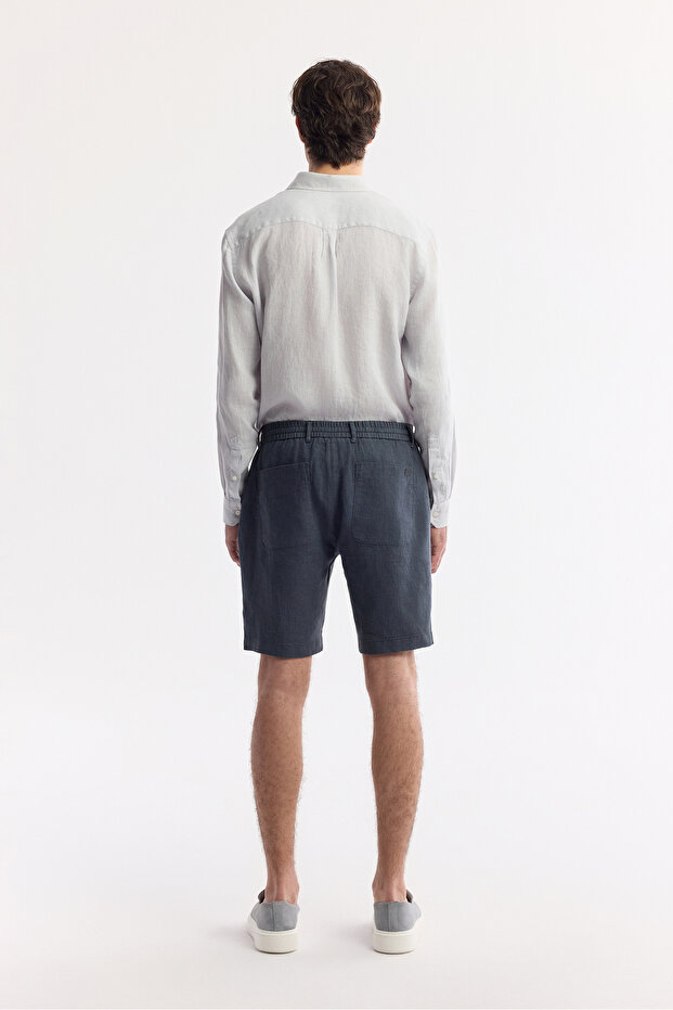 Erkek Antrasit Beli Lastikli %100 Keten Relaxed Fit Şort B003732 - 3