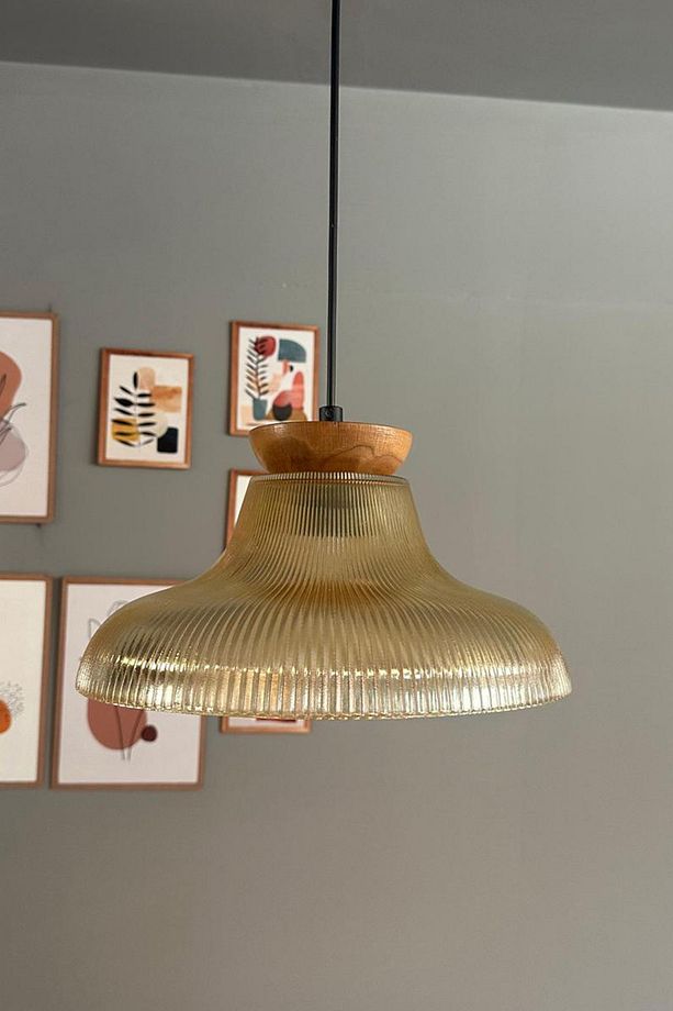 Stark Cam Bal Rengi Tekli Avize Tabak Ahşap Başlık Retro Sarkıt Lamba Salon Aydınlatma - 2