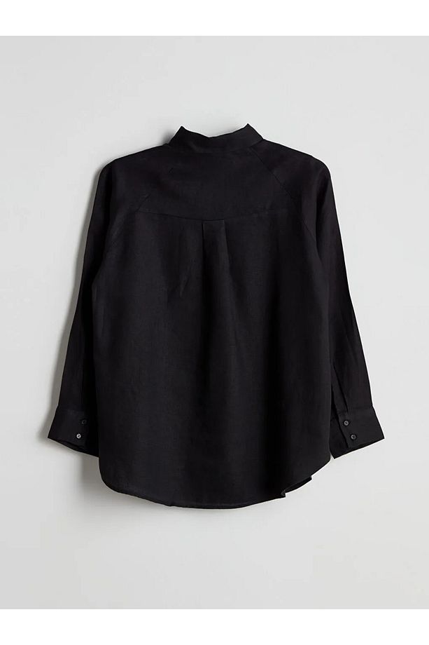 LCW Modest Siyah Oversize Keten Kadın Gömlek - 1