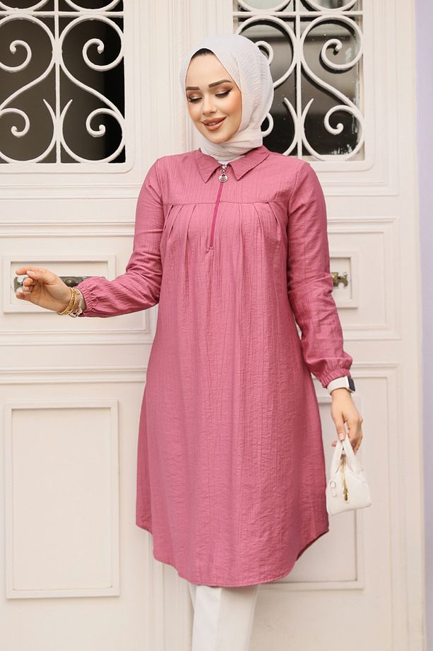 Fermuarlı Gül Kurusu Tesettür Tunik 1467GK - 2