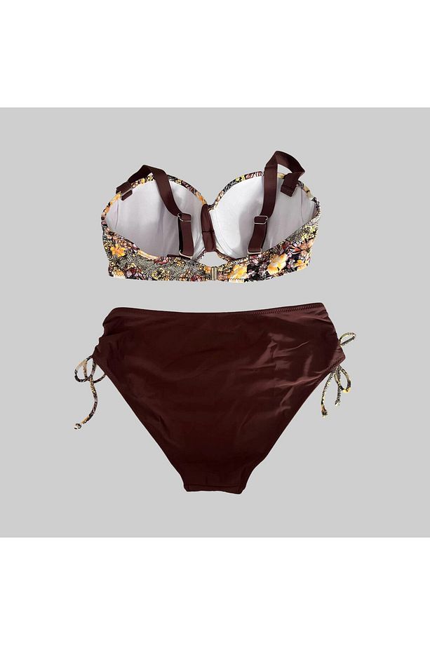 Kadın Kahve Çiçek Desenli Büyük Beden Astarlı Lacivert Bikini Takım HZL25S-LC3301 - 4