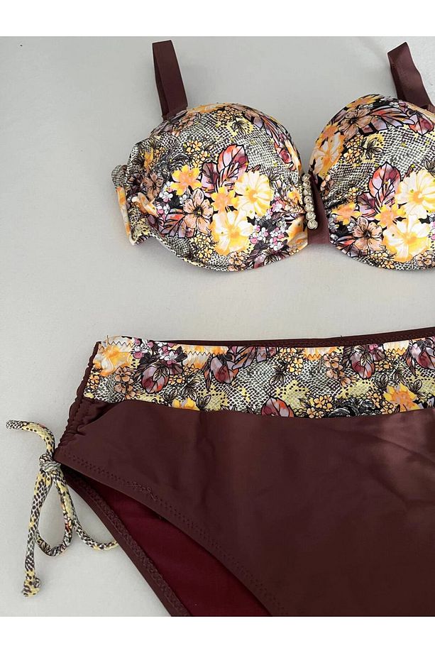 Kadın Kahve Çiçek Desenli Büyük Beden Astarlı Lacivert Bikini Takım HZL25S-LC3301 - 3