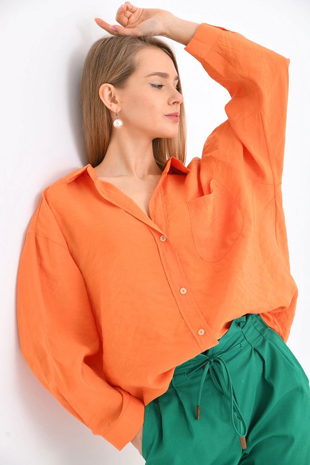Kadın Uzun Kollu Oversize %100 Pamuk Basic Gömlek - 3