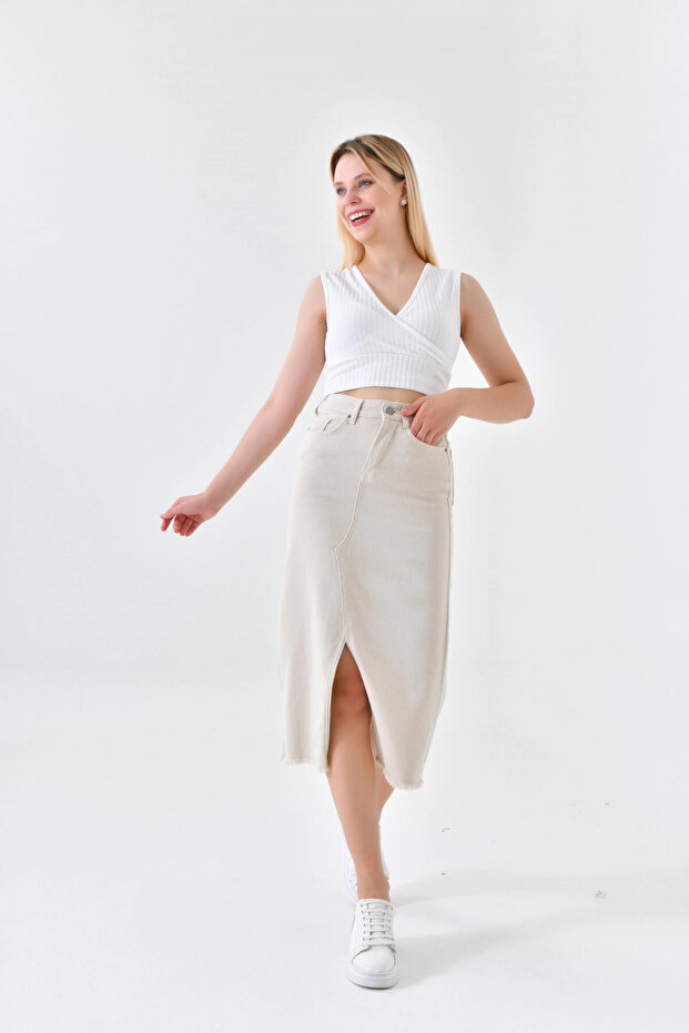 Women's Beige Slit Denim Skirt