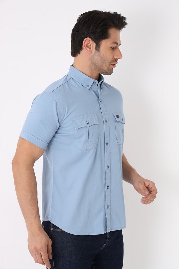 Erkek Pamuklu Regular Fit Kısa Kol Çift Cep Kapaklı Gömlek - 2