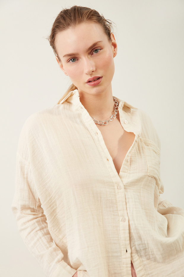 Cep Detaylı Oversize Gömlek - 1