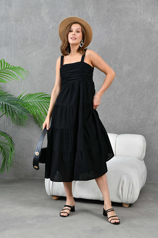 Kadın Siyah Kalın Askılı Drapeli Gipeli Dokuma Elbise - 6