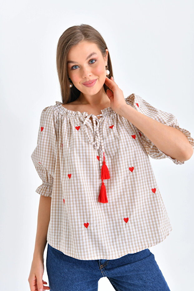 Μπεζ Oversize Μπλούζα - Gingham Collar, Ruffle - 6