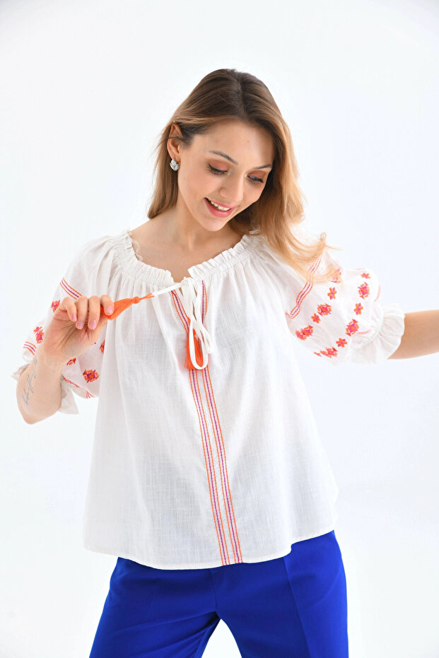 Madonna Collar Embroidery Detail Balloon Sleeve Short Blouse