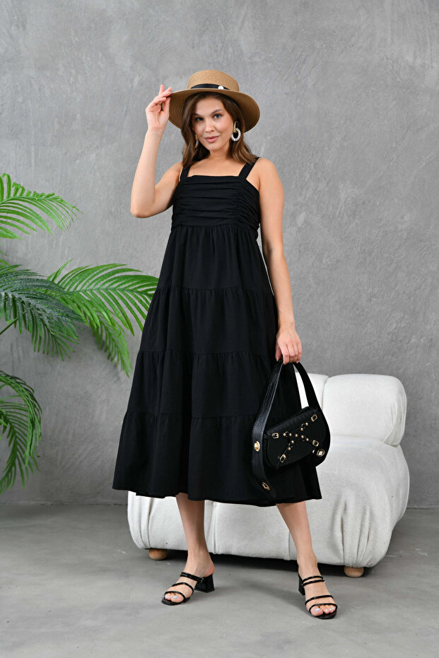 Kadın Siyah Kalın Askılı Drapeli Gipeli Dokuma Elbise - 5