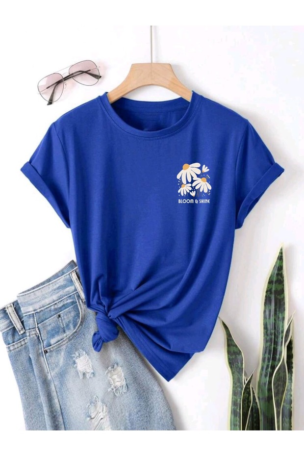 تيشيرت BLOOM SHINE مطبوع للجنسين صيفي من القطن بأكمام قصيرة