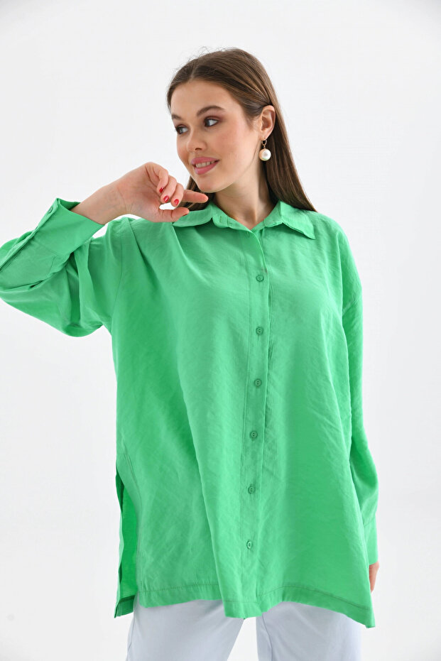 Oversize Uzun Kol Basic Yeşil Gömlek - 4